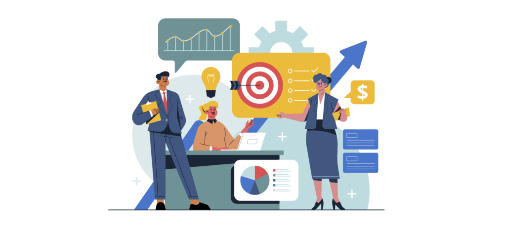 Business professionals gathered around a target on a board and Discussing on When to choose Staff augmentation or managed services?