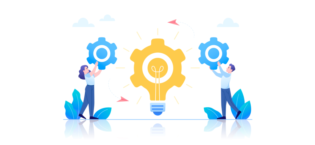 Two people lift a light bulb featuring gears, representing the essence of innovation and the pursuit of continuous improvement.