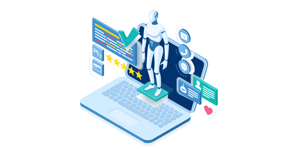 A robot positioned on a laptop, representing AI's contribution to improving CRM customer segmentation and targeted marketing.