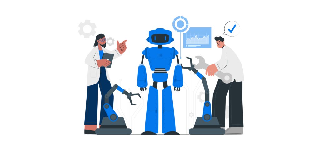 A robot stands beside two individuals, symbolizing the benefits and challenges of automation testing in modern technology.