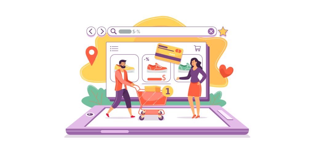 Illustration depicting online shopping, highlighting the importance of choosing the right ecommerce solutions for business growth.